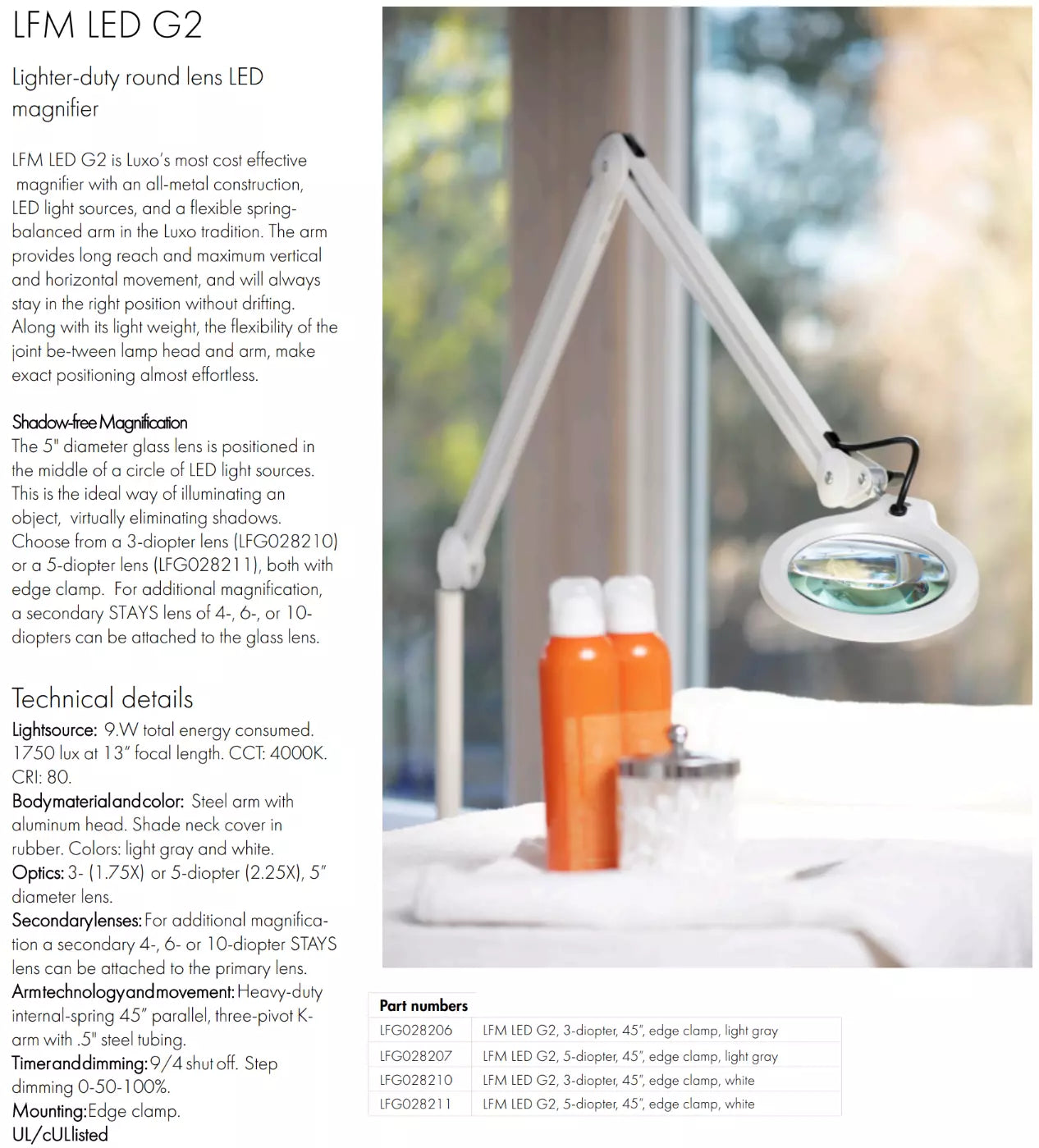 Luxo LFM LED G2 Magnifier, 45" Reach Arm, (3-D or 5-D Lens) and (Clamp or Wall Mount)