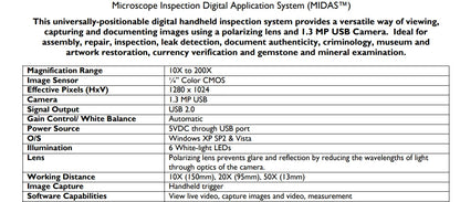 MIDAS Handheld Digital Microscope 1.3MP With Software, Polarizing Lens, USB Camera